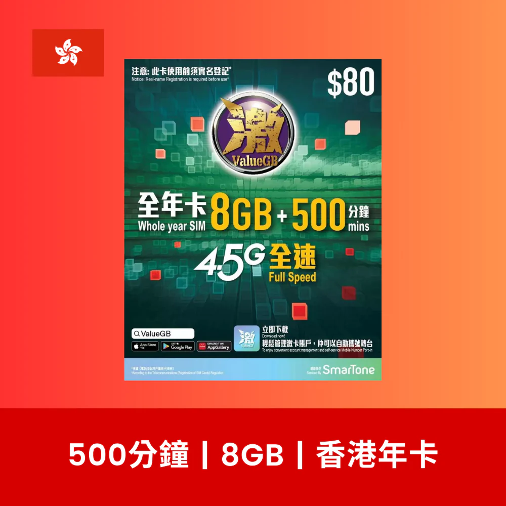 激ValueGB 香港 8GB 數據電話卡（年卡）