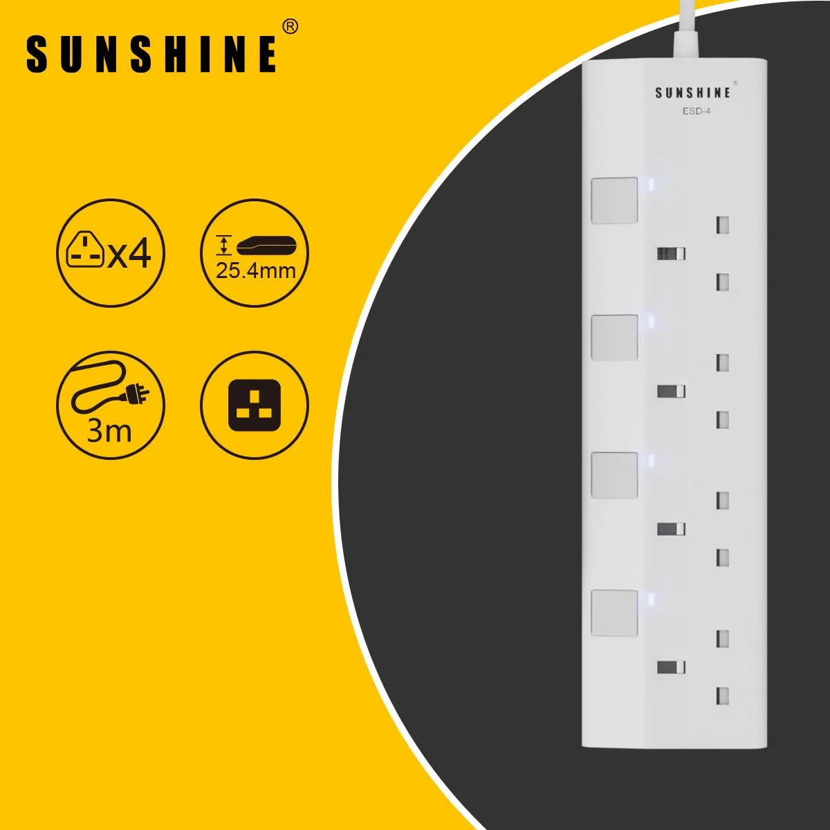 Sunshine陽光照明 13A 四位獨立開關安全拖板 連LED指示燈 3米線 ESD-4