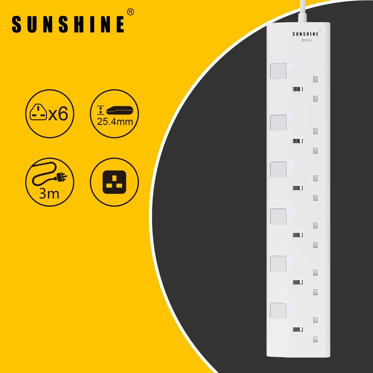 Sunshine陽光照明 13A 六位獨立開關安全拖板 連LED指示燈 3米線 ESD-6