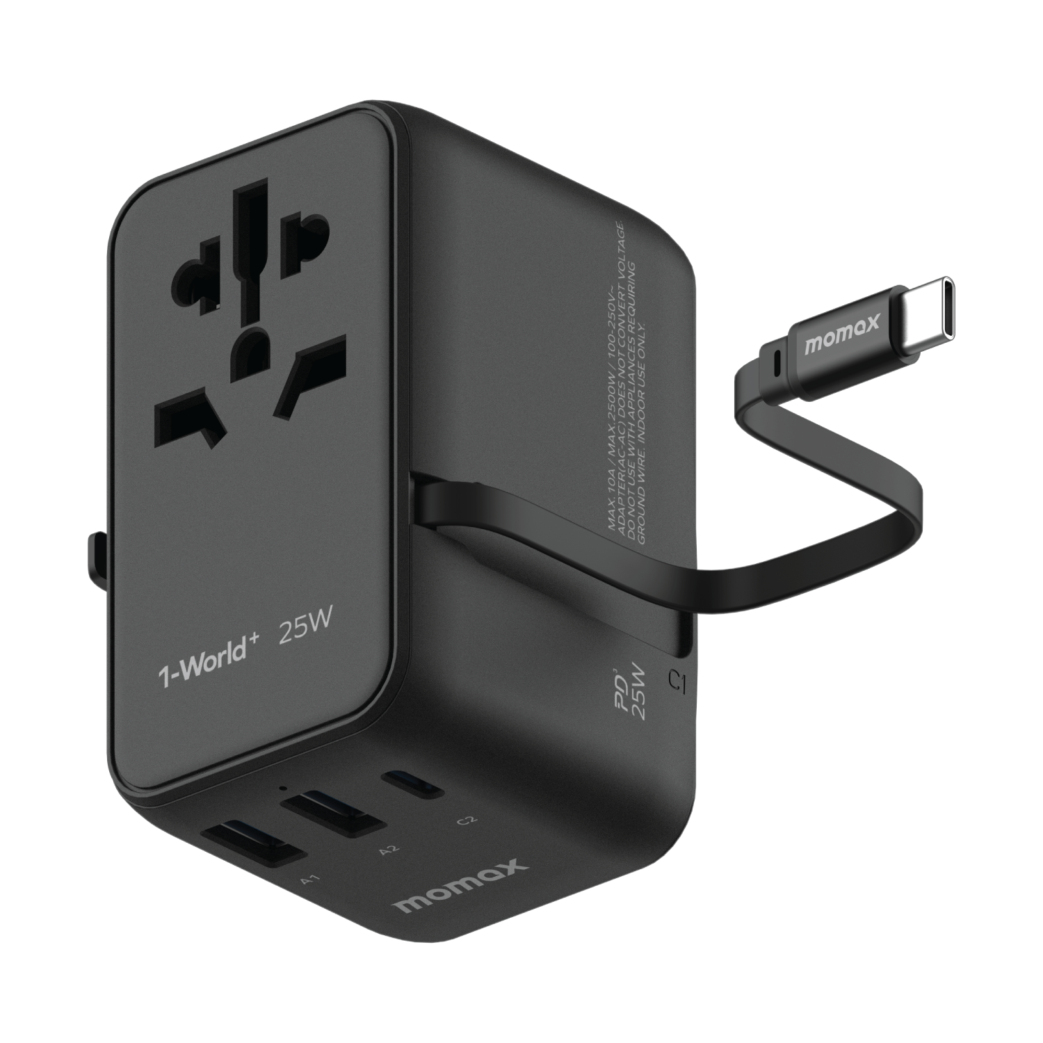 MOMAX 1-World+ 25W 三接口內置 USB-C 充電線及 AC 旅行充電插座(黑色) UA20UKD