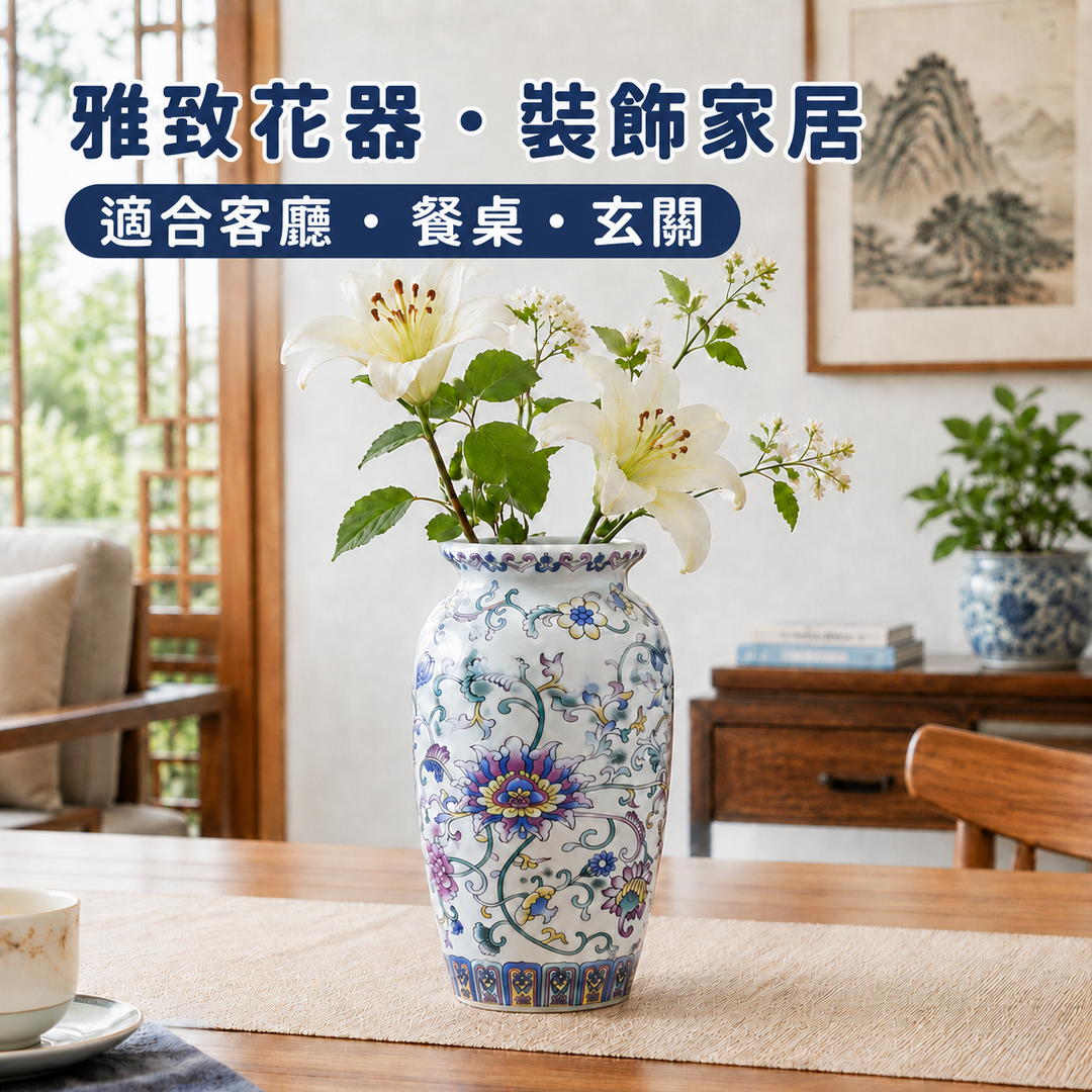 中式纏枝花卉闊圓口陶瓷花瓶（黃／白兩色） P05