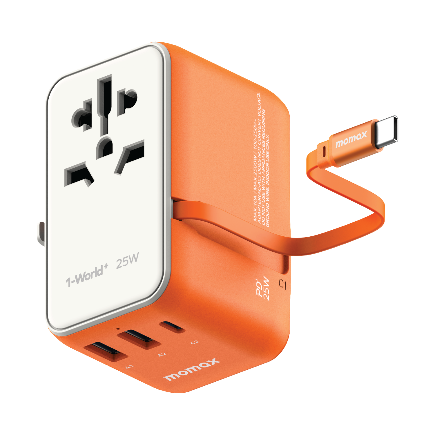 MOMAX 1-World+ 25W 三接口内置 USB-C 充电线及 AC 旅行充电插座（橙色） UA20UKM