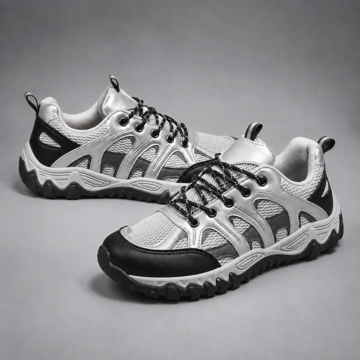 Men's Metallic Silver Trail Running Sneakers – Breathable Mesh Rugged Sole Casual Walking Shoes H9003