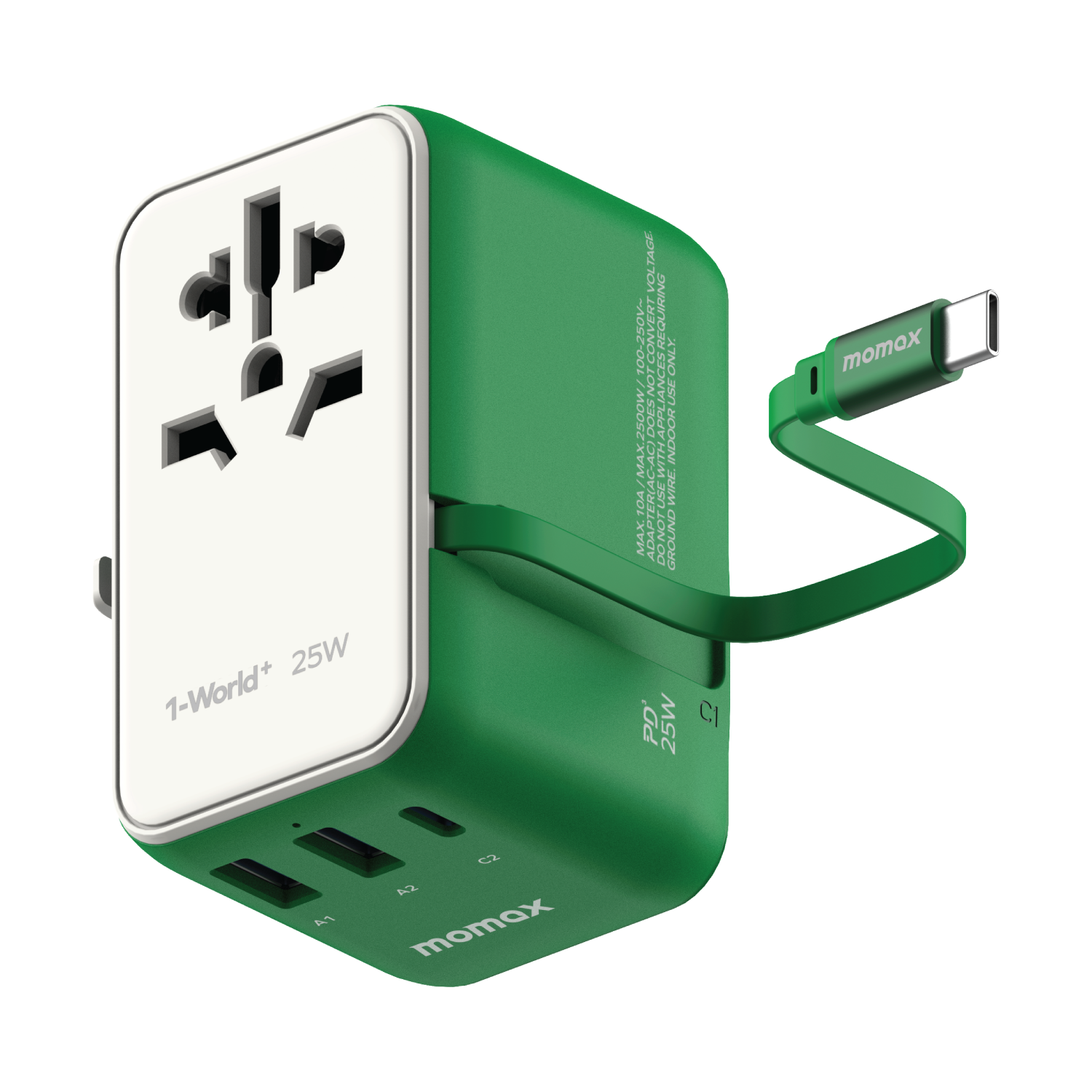 MOMAX 1-World+ 25W 三接口內置 USB-C 充電線及 AC 旅行充電插座(綠色) UA20UKG