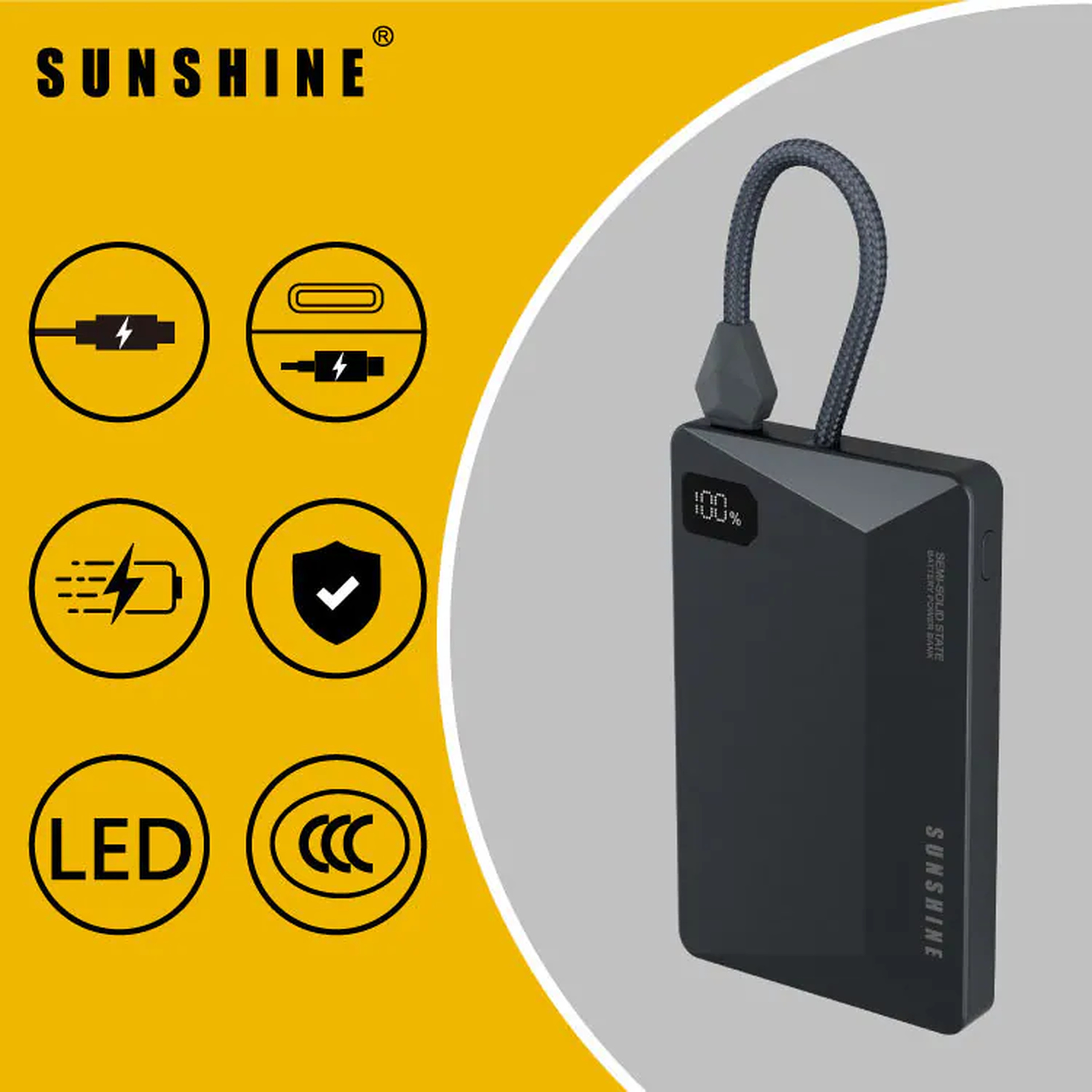 Sunshine 陽光照明 半固態磁吸無線快充流動電源 5000mAh PD22.5W 黑色 PB012BK