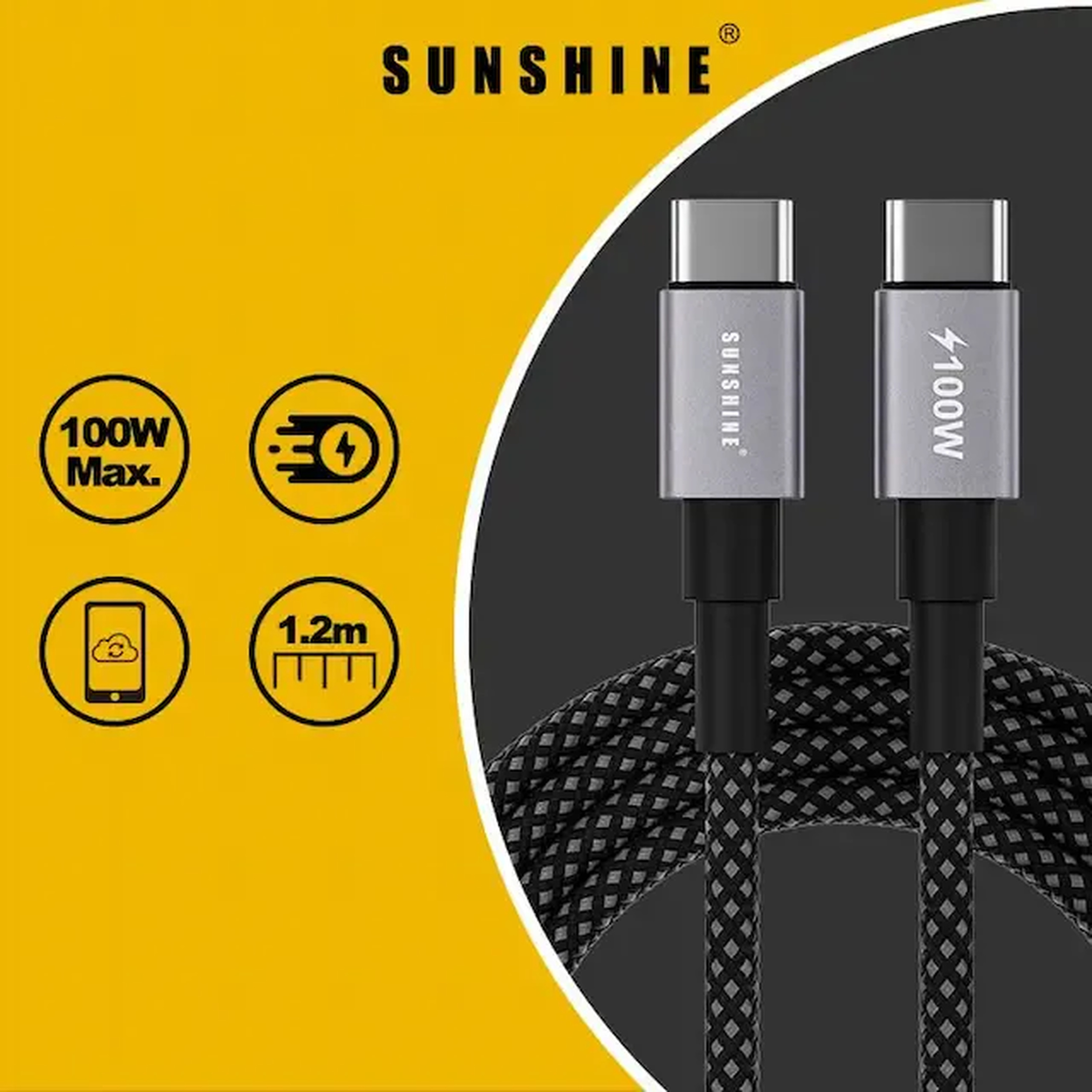 Sunshine USB-C to USB-C Fast-Charging Data Cable PD100W 2m Black CAD-20BK