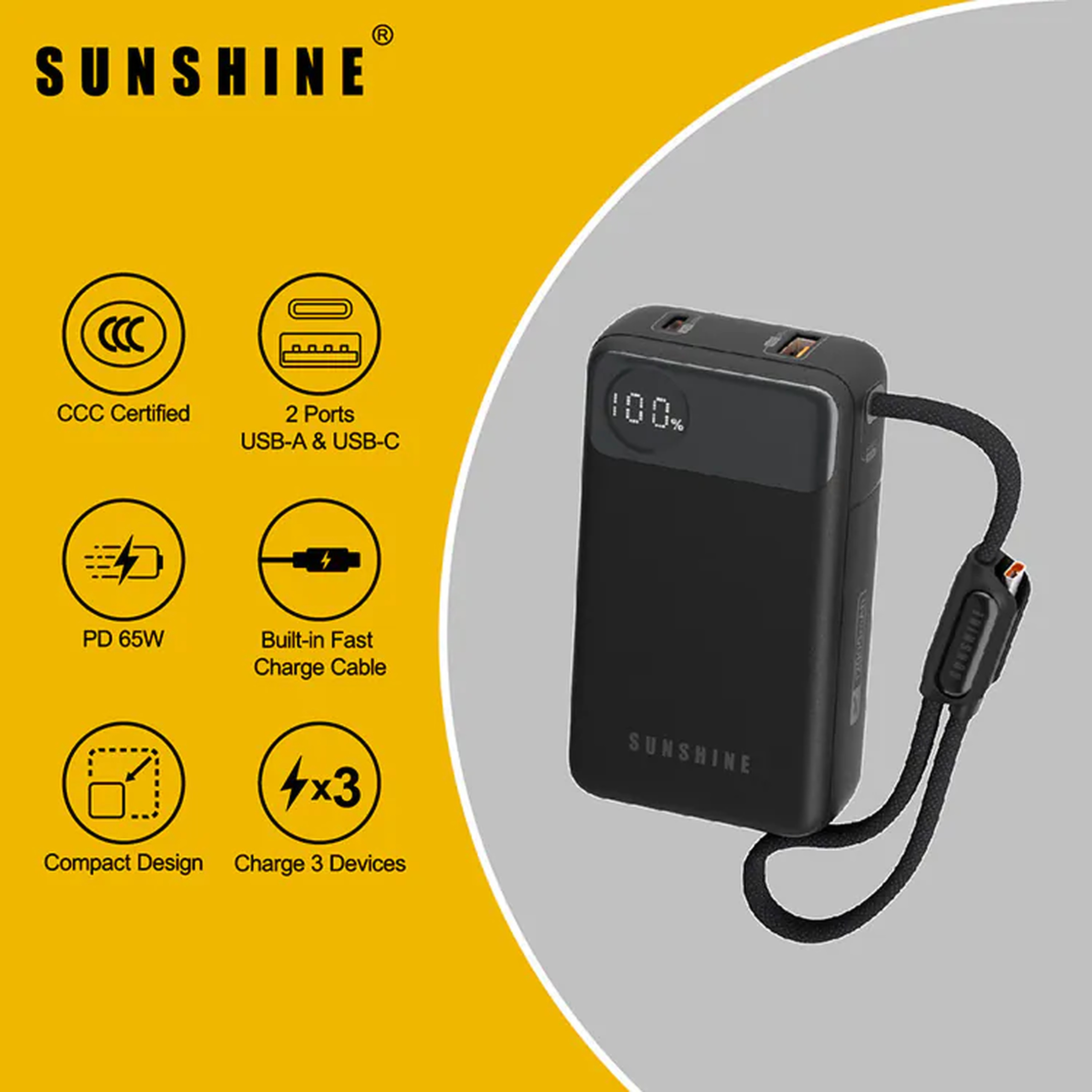 Sunshine Ultra Fast-Charging Power Bank 12000mAh PD65W Black PB011BK