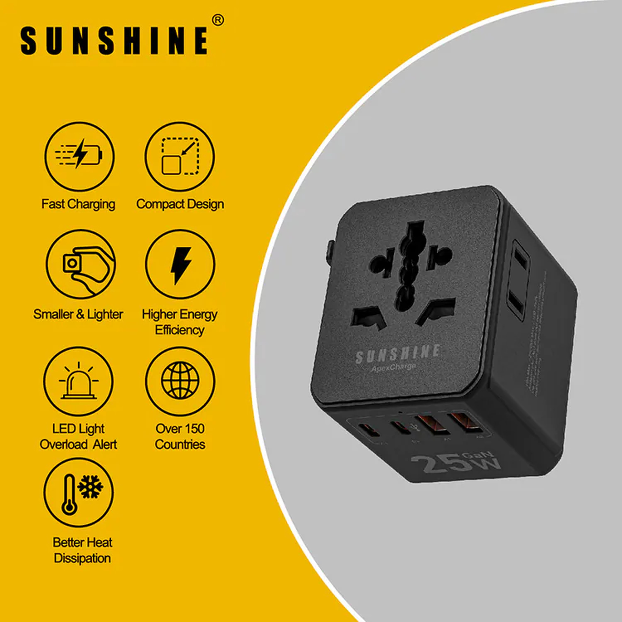 Sunshine 阳光照明 25W GaN III全球旅行转插 2C2A 黑色 TRD-25BK