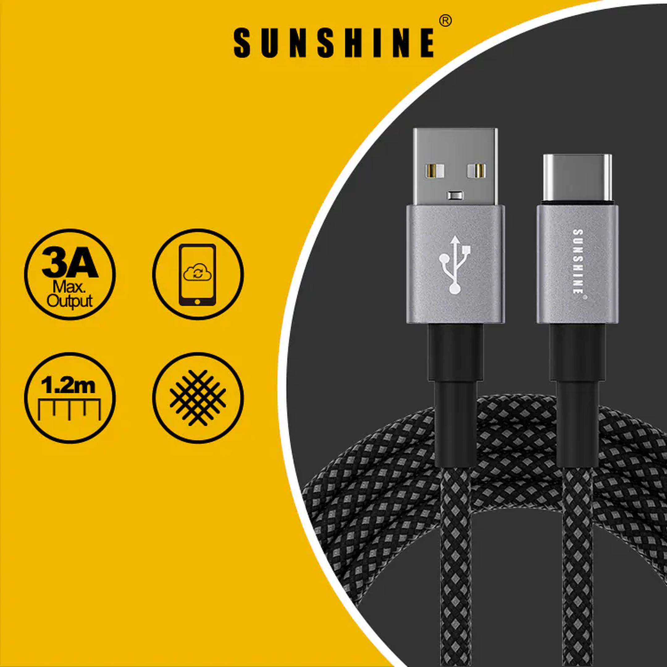 Sunshine USB-A to USB-C Charging and Data Cable 15W 2m Black CAC-20BK