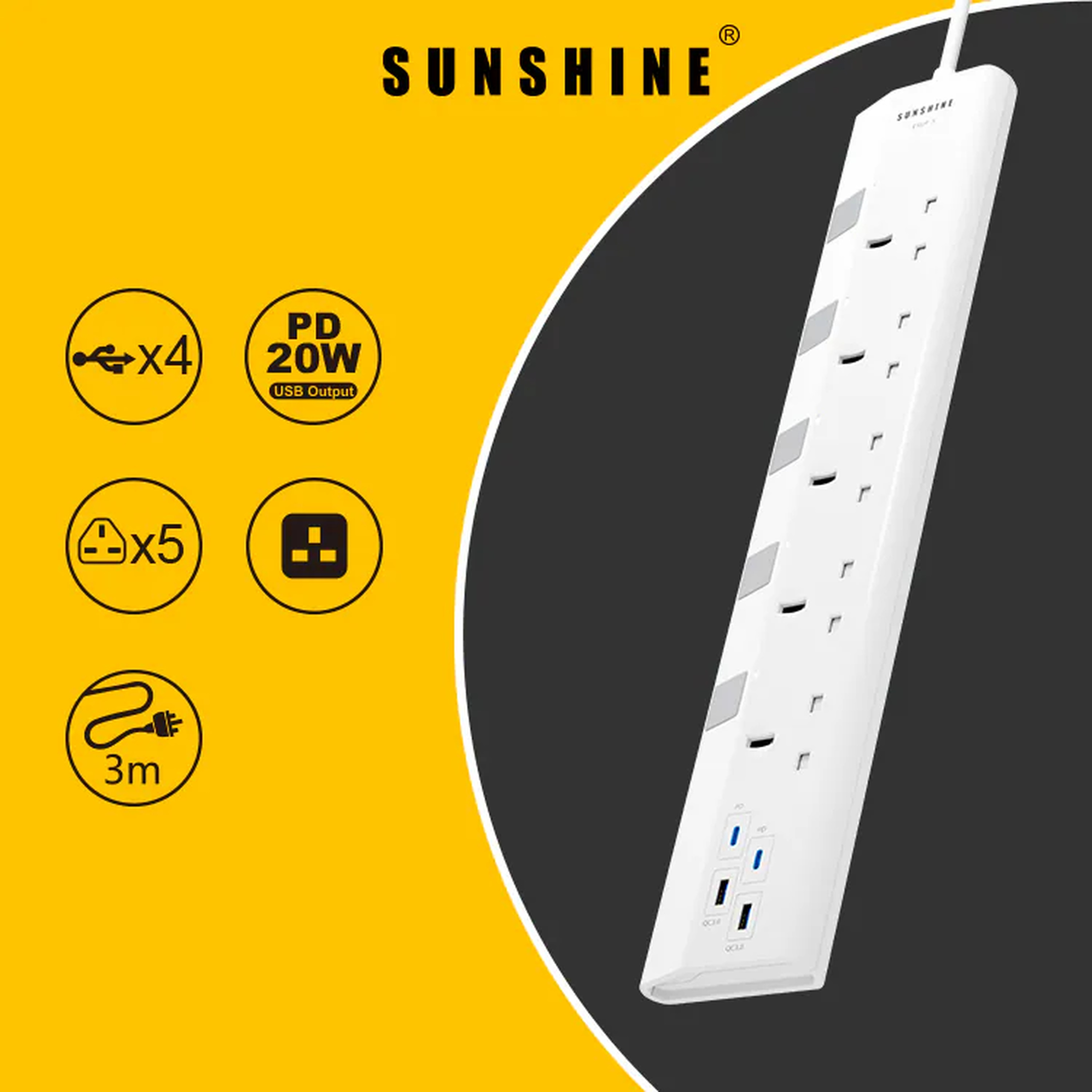 Sunshine PD20W Individually Switched Fast-Charging Extension Socket 2C2A 3m 5-Gang White ESUF-5