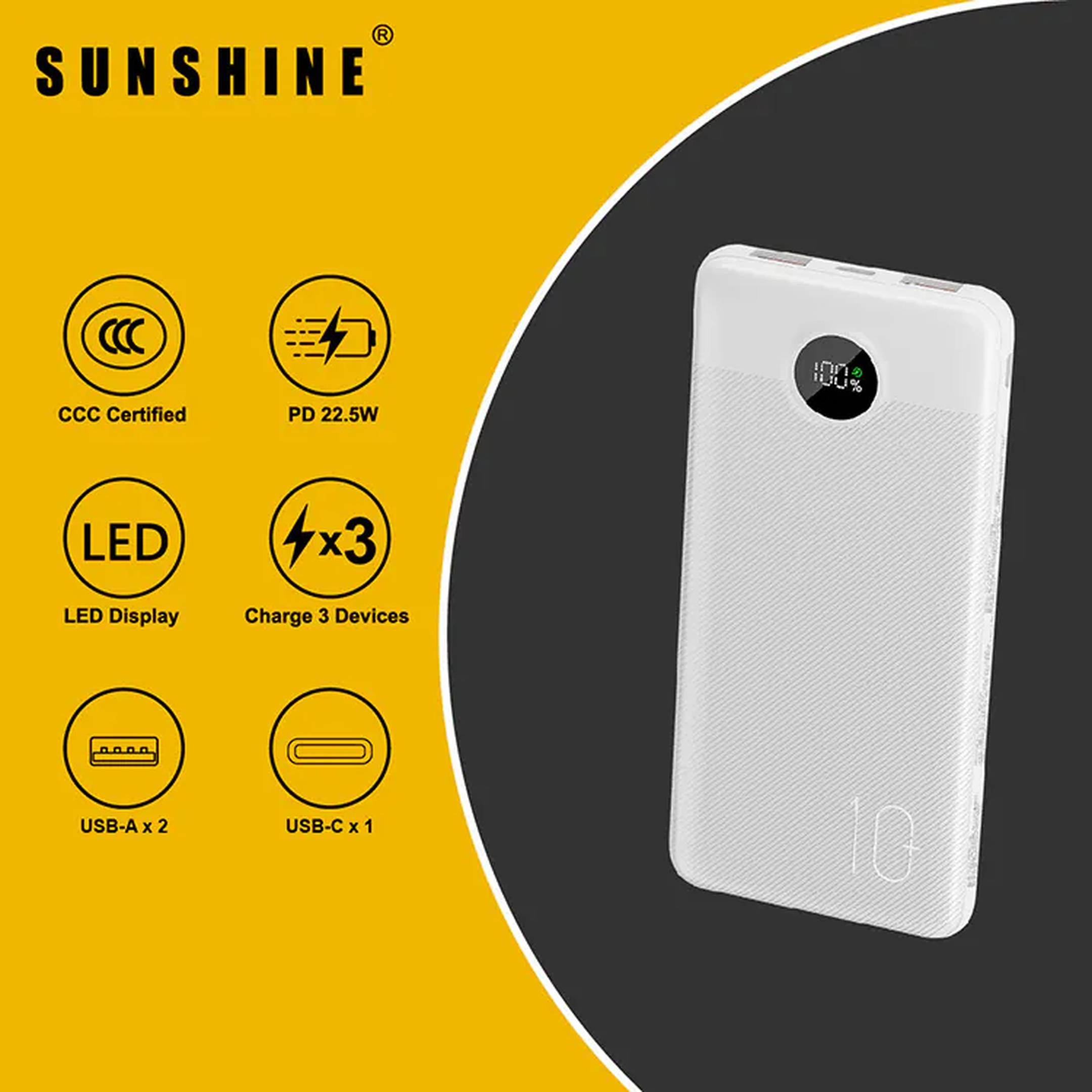 Sunshine Three-Port Fast-Charging Power Bank 10000mAh PD20W White PB010WH