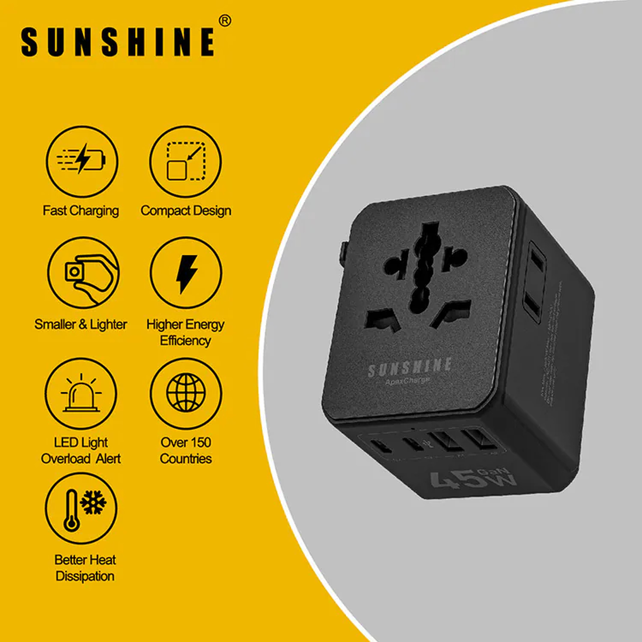 Sunshine 45W GaN III Global Travel Adapter 3C2A Black TRD-45BK