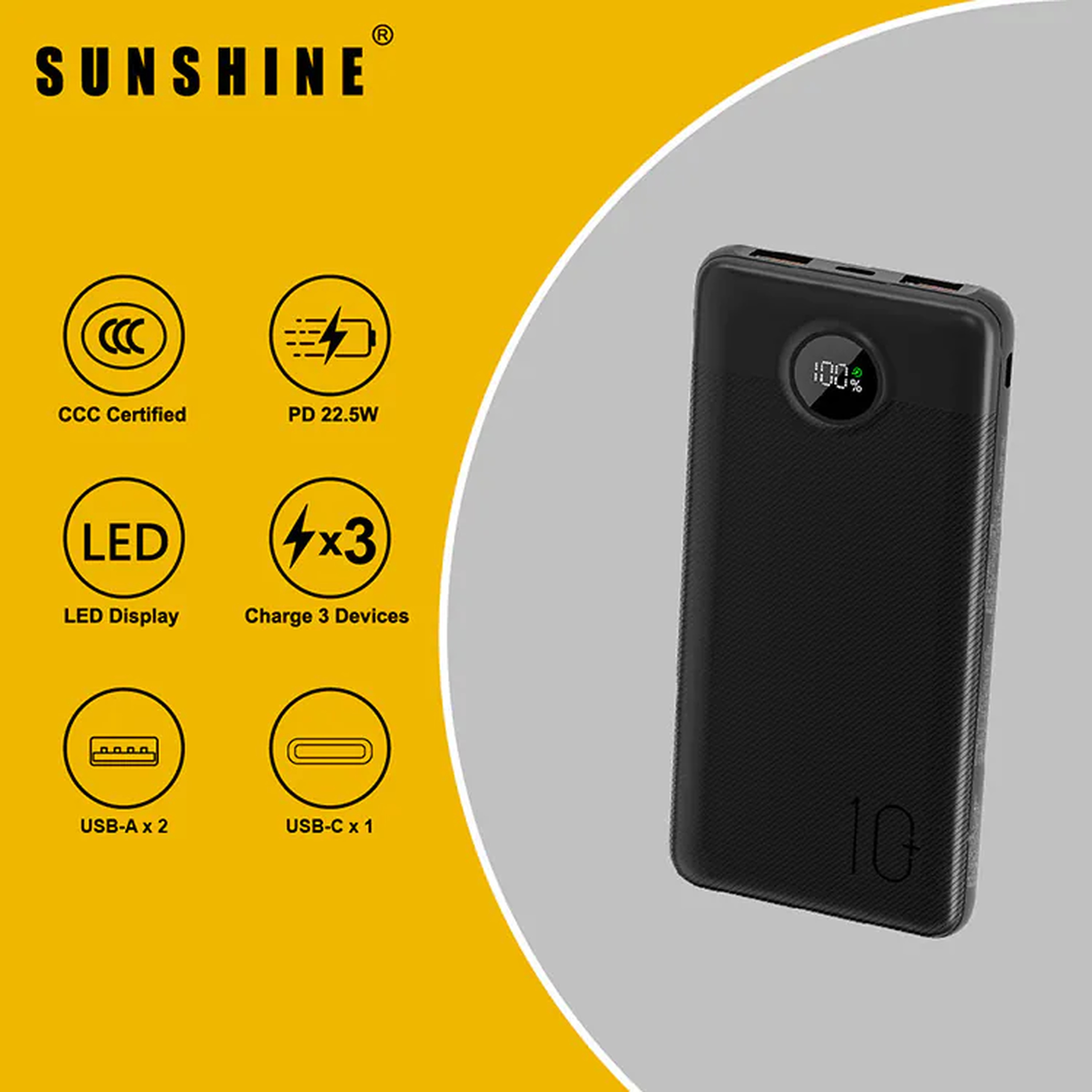 Sunshine 阳光照明 三输出快充流动电源 10000mAh PD20W 黑色 PB010BK