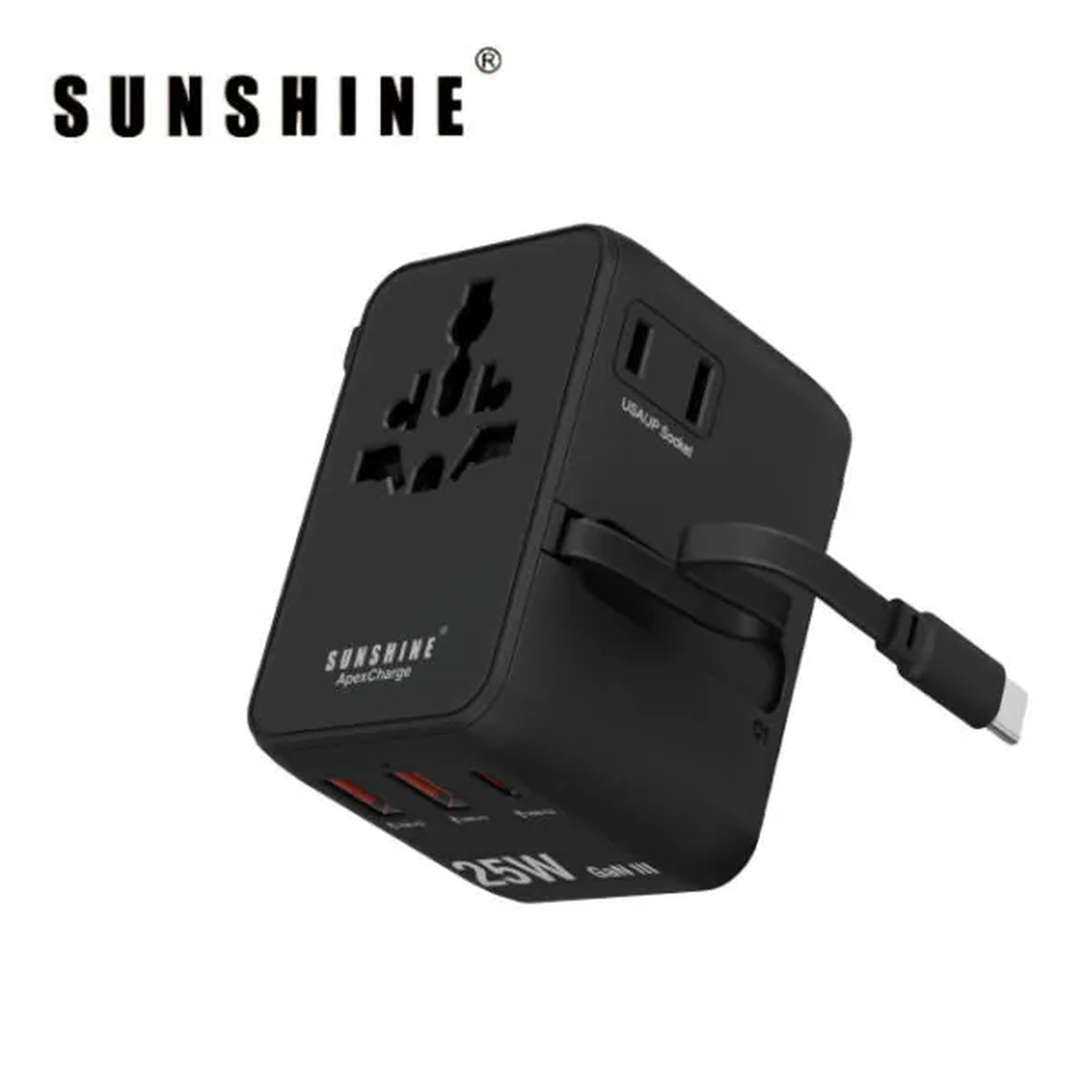 Sunshine 陽光照明 25W伸縮USB-C線全球旅行轉插 黑色 TRC-25W