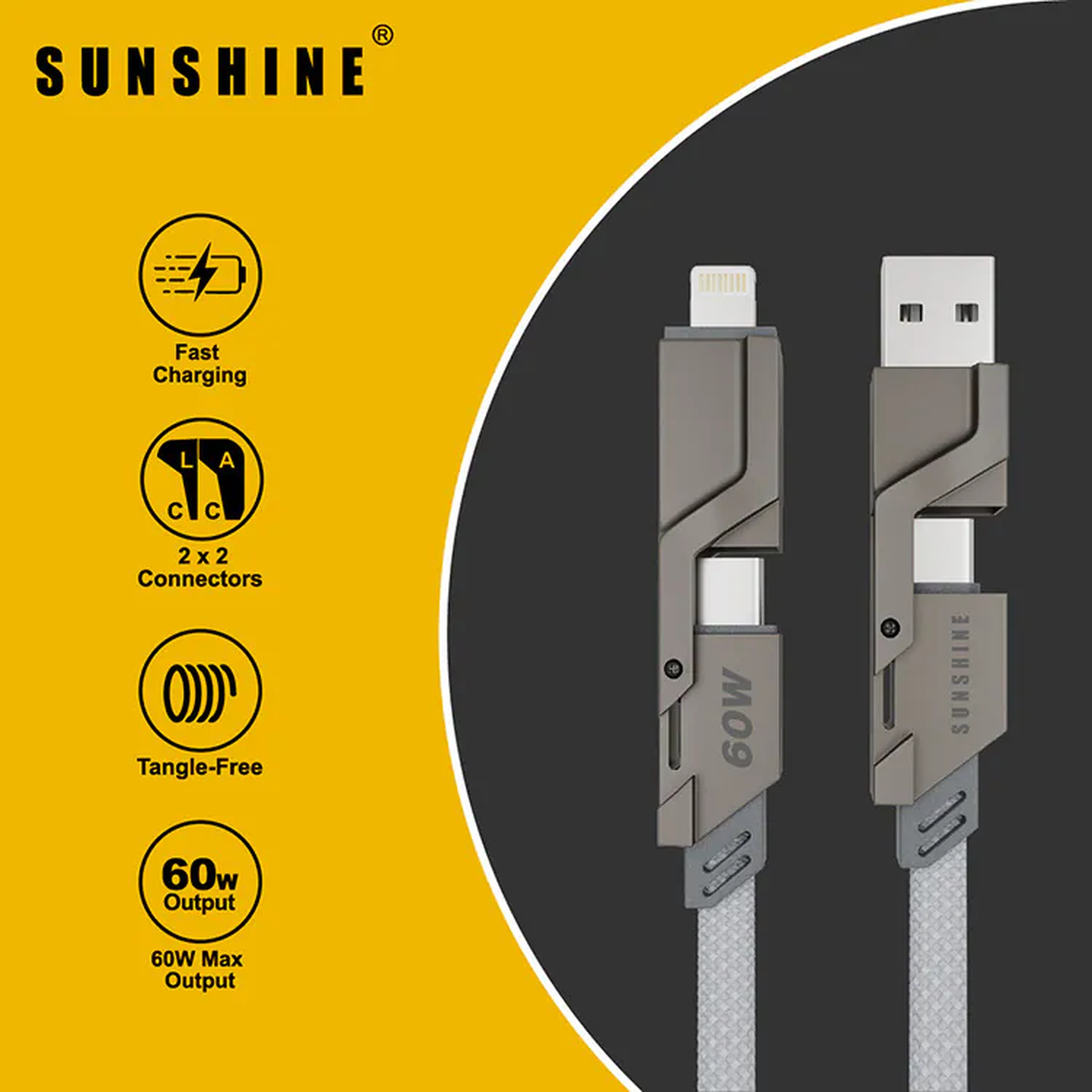 Sunshine 4-in-1 Zinc-Alloy Fast-Charging Cable 1m PD60W Titanium CAG2-TN