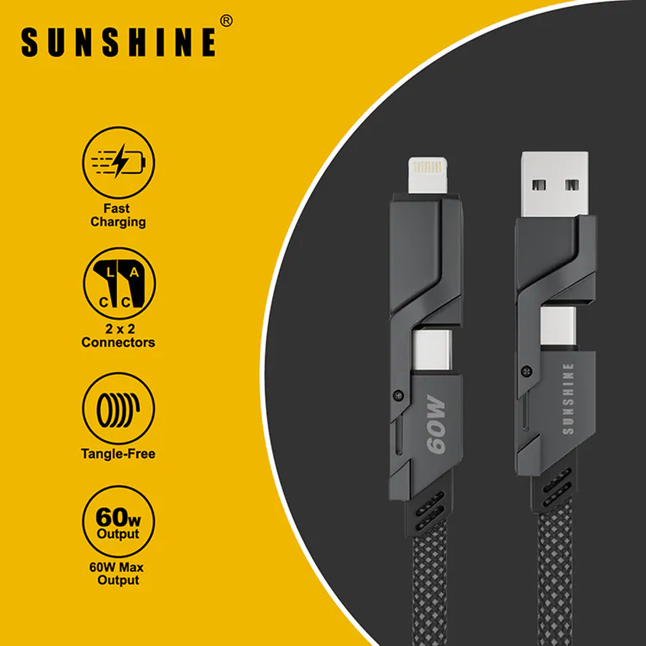 Sunshine 4-in-1 Zinc-Alloy Fast-Charging Cable 1m PD60W Black CAG2-BK