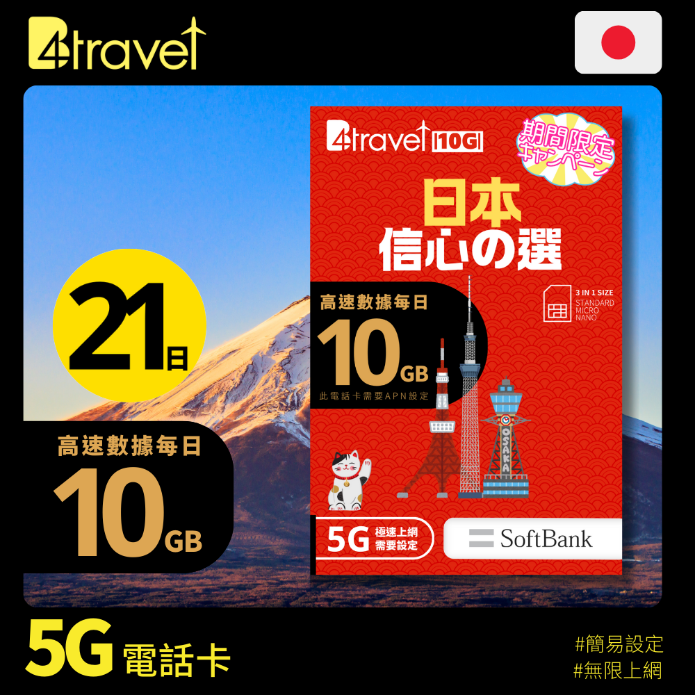 B4travel 10G - 日本 21日 每日10GB 5G 實體 SIM 上網卡（合共210GB）