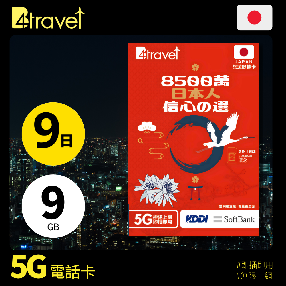 B4travel 雙網絡 - 日本 9日 9GB 5G 上網卡（實體 SIM／eSIM）