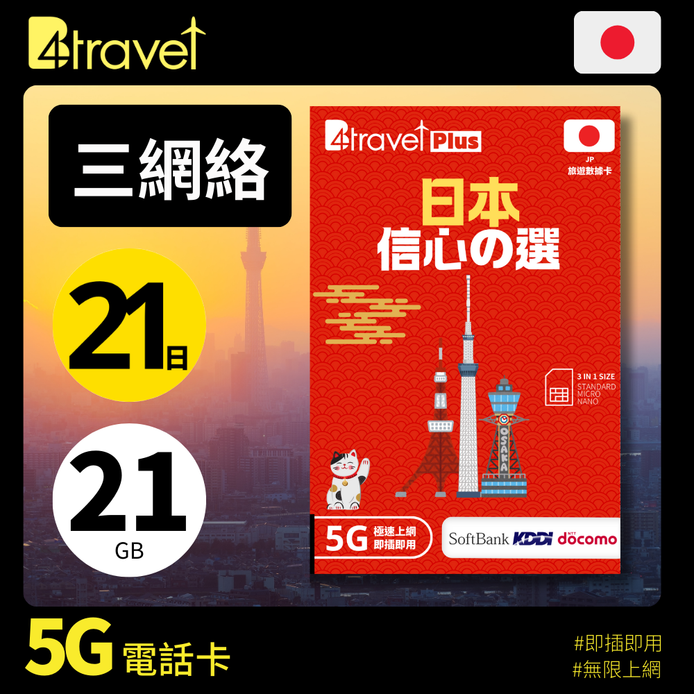 B4travel Plus 三網絡 - 日本 21日 21GB 5G 上網卡（實體 SIM／eSIM）