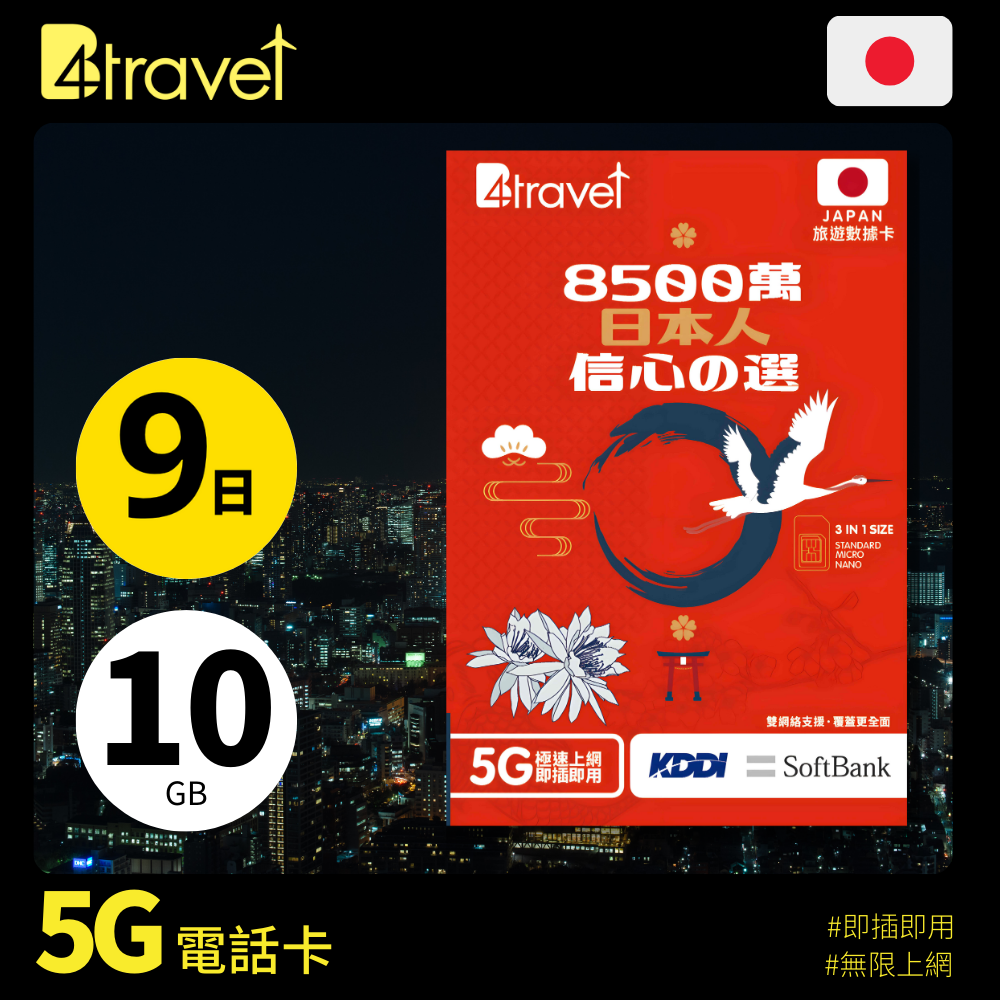 B4travel 雙網絡 - 日本 9日 10GB 5G 上網卡（實體 SIM／eSIM）
