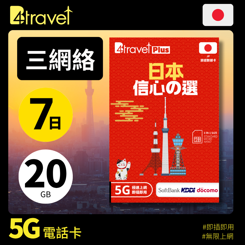 B4travel Plus 三網絡 - 日本 7日 20GB 5G 上網卡(實體 SIM/eSIM)