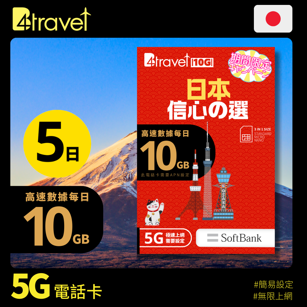 B4travel 10G - 日本 5日 每日10GB 5G 實體 SIM 上網卡（合共50GB）