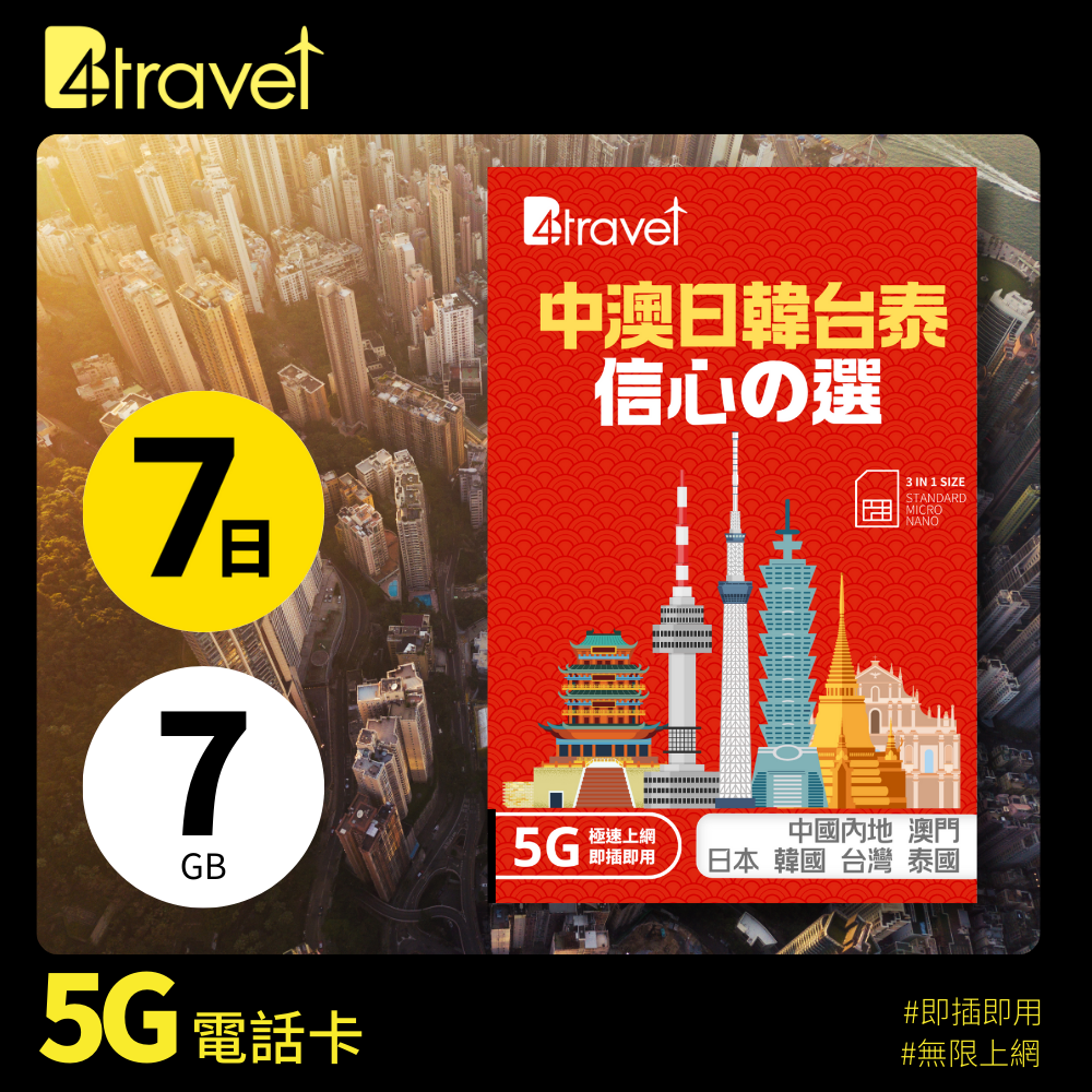 B4travel - 中澳日韓台泰 7日 7GB 5G 上網卡（實體 SIM／eSIM）