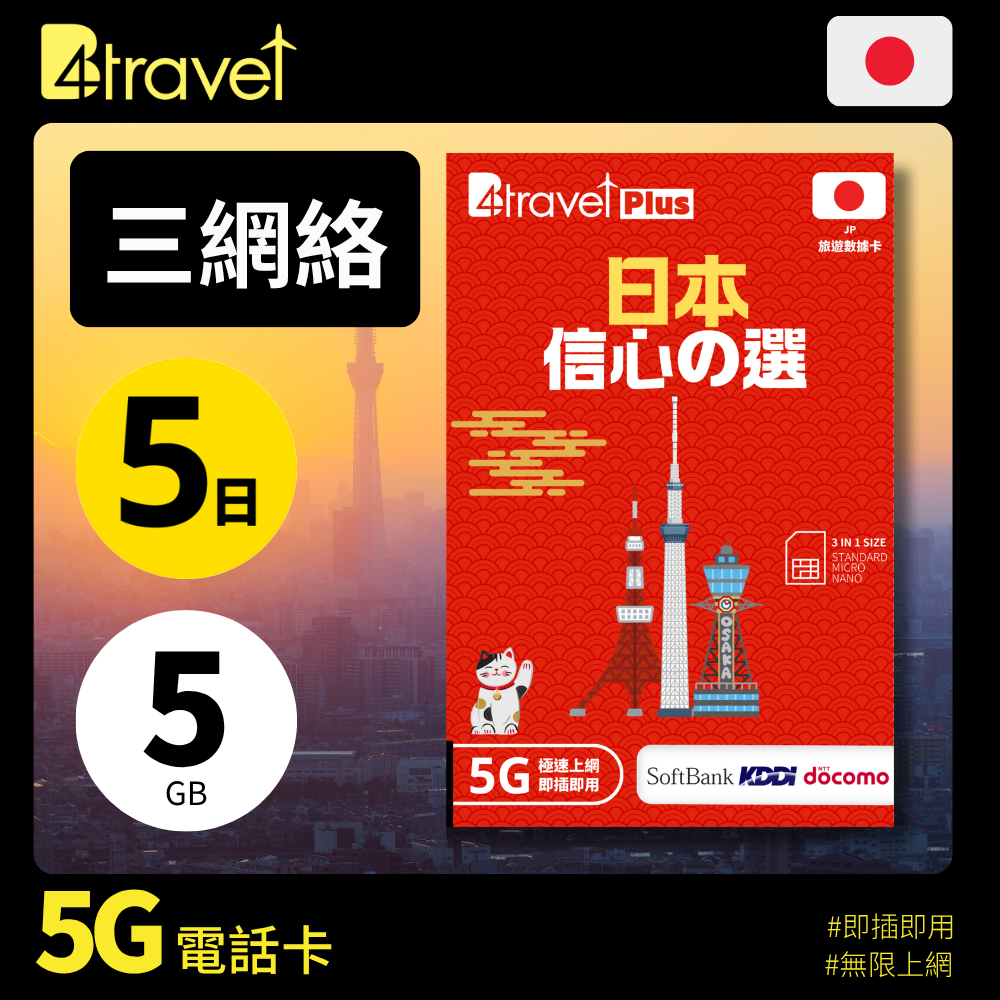 B4travel Plus 三網絡 - 日本 5日 5GB 5G 上網卡（實體 SIM／eSIM）