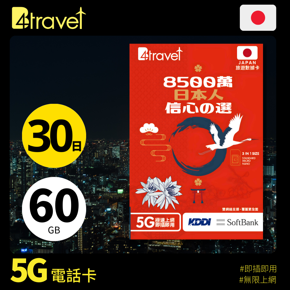 B4travel 雙網絡 - 日本 30日 60GB 5G 上網卡(實體 SIM/eSIM)