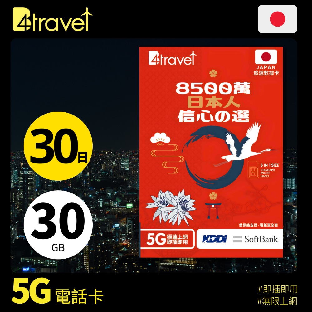 B4travel 雙網絡 - 日本 30日 30GB 5G 上網卡（實體 SIM／eSIM）