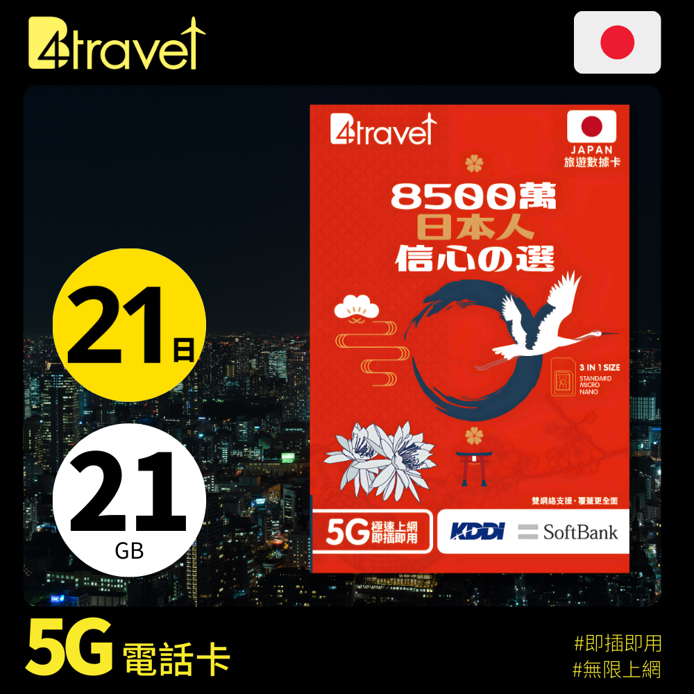 B4travel 雙網絡 - 日本 21日 21GB 5G 上網卡（實體 SIM／eSIM）