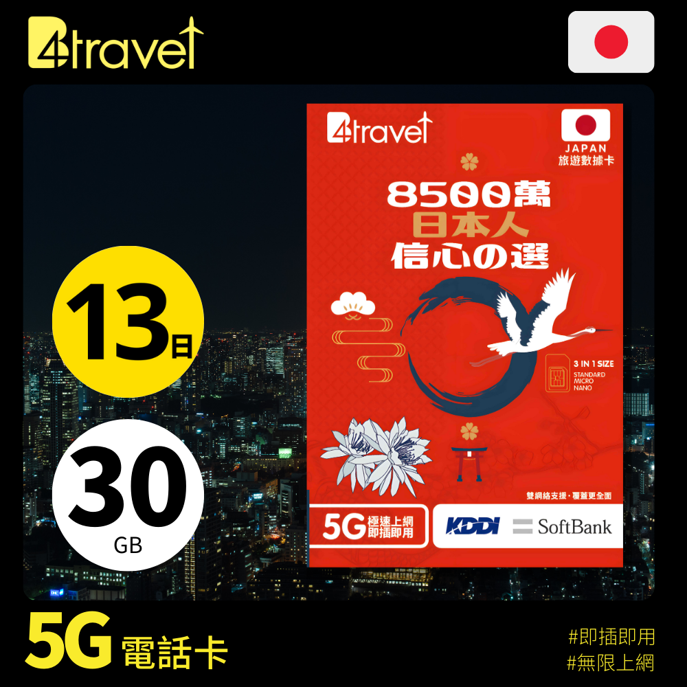 B4travel 双网络 - 日本 13日 30GB 5G 上网卡(实体 SIM/eSIM)