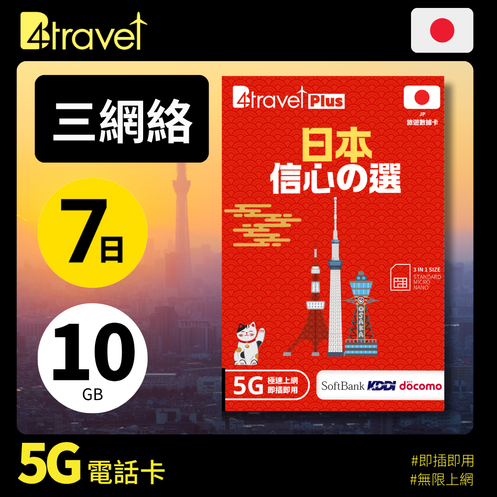 B4travel Plus 三網絡 - 日本 7日 10GB 5G 上網卡（實體 SIM／eSIM）