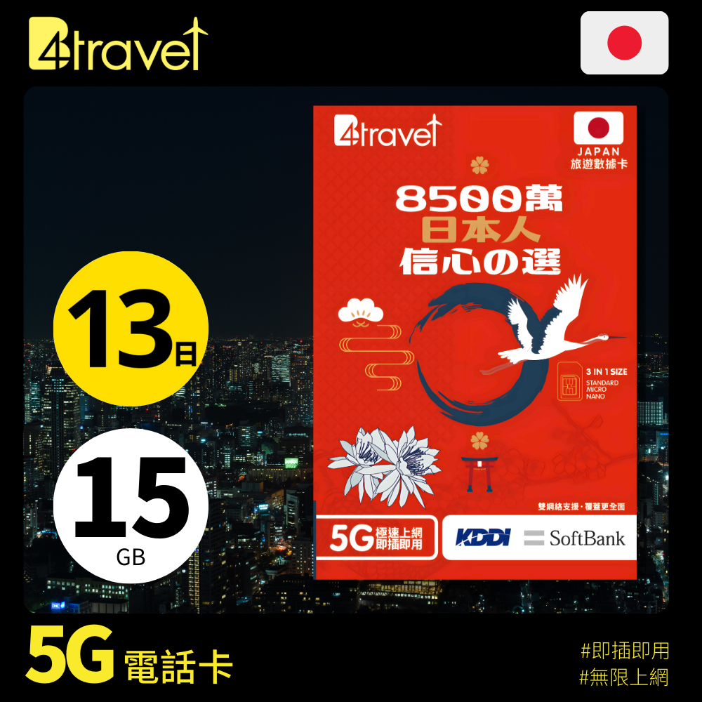 B4travel 雙網絡 - 日本 13日 15GB 5G 上網卡（實體 SIM／eSIM）